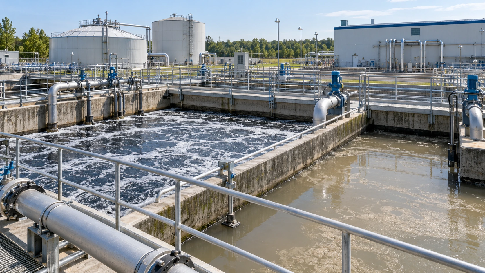 Industrial wastewater treatment system showing aeration tanks and treatment equipment