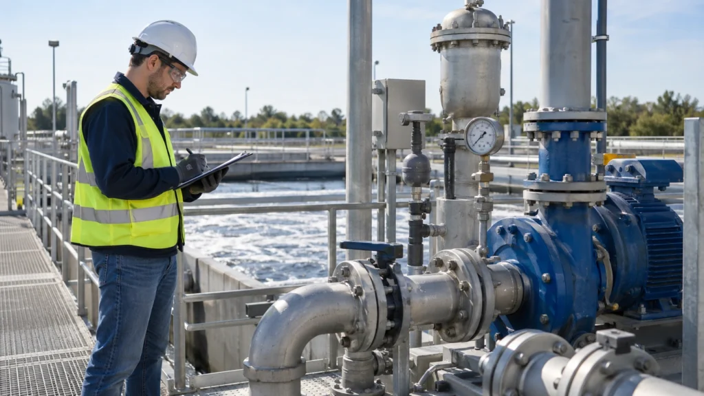 Technician inspecting wastewater treatment equipment and pump system