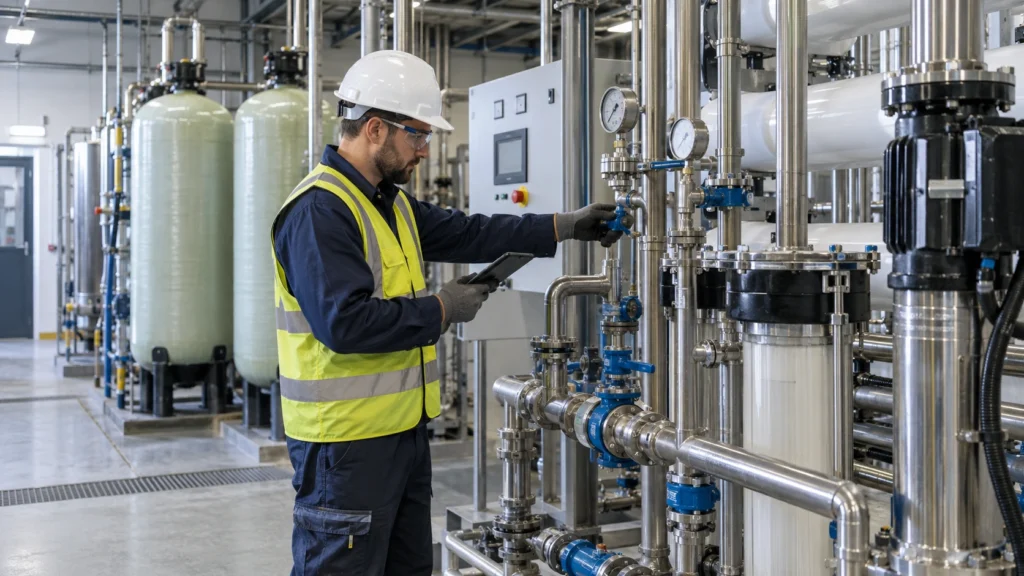 Technician inspecting industrial water treatment equipment